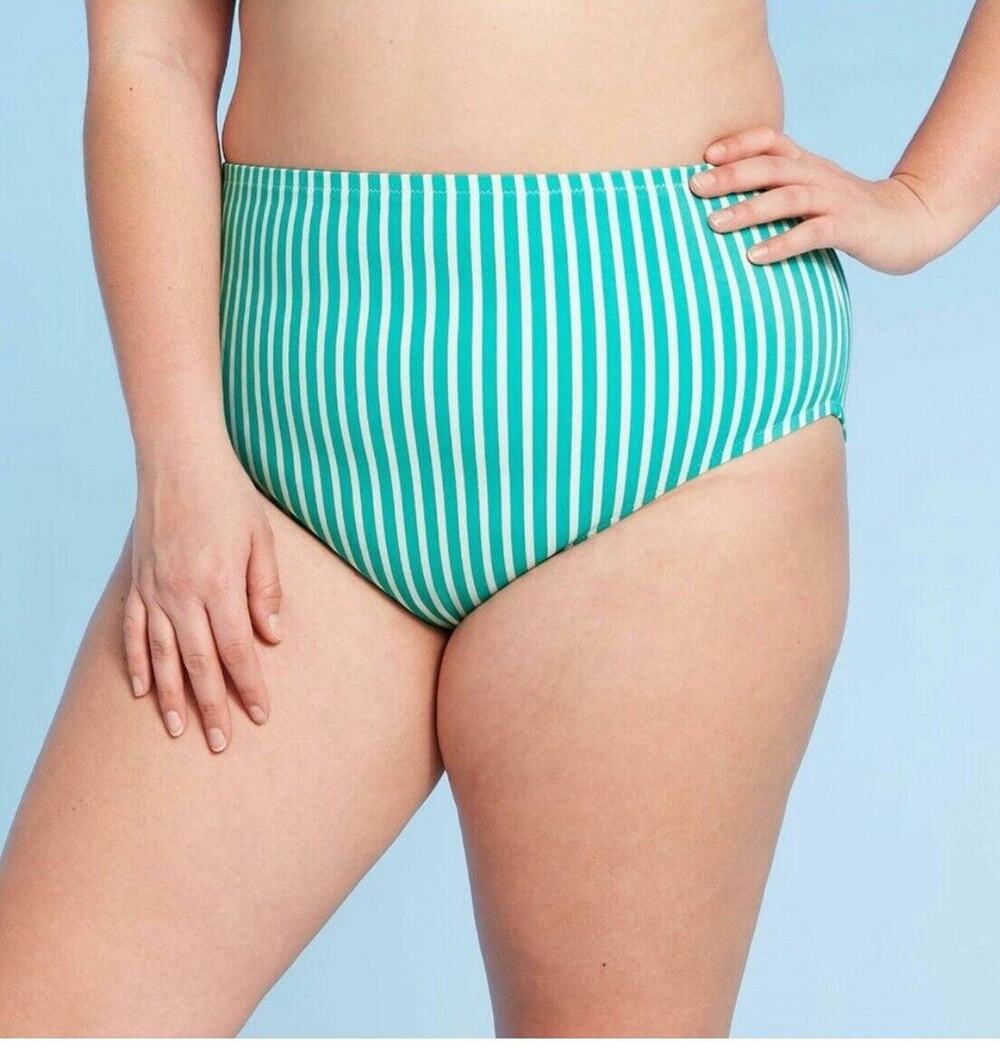 Kona Sol Striped High Coverage Hipster Bikini Bottom Green Women's 16W-18W